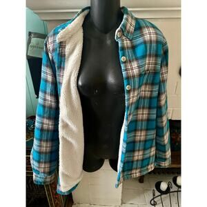 RUSTIC RIDGE TURQUOISE PLAID FLANNEL SHERPA LINED QUILTED SLEEVE SHIRT JACKET
